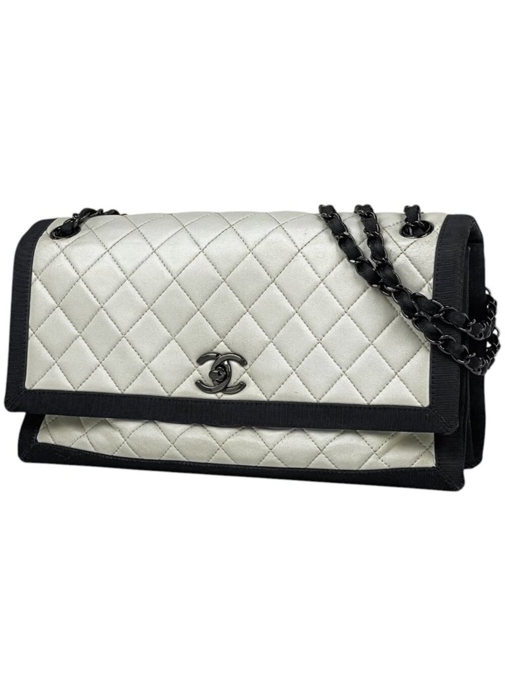 Chanel Single Flap Chain Shoulder Bag Bicolor Leather White